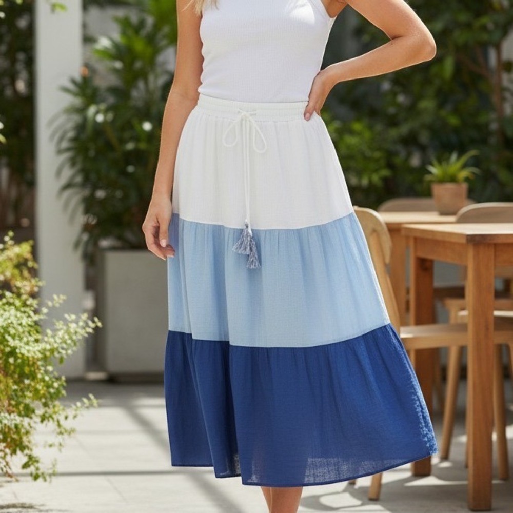 Studio Maxi Skirt Women PL Blue White Tiered Ombre‎ Tassel Petite Bohemian